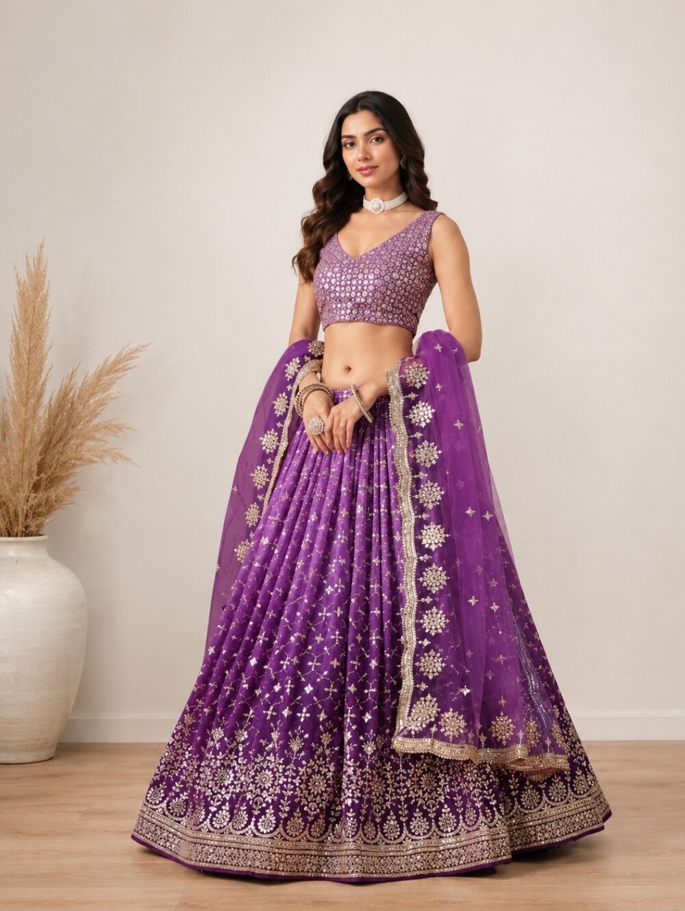 Gradient Dual-Tone Rani Purple Embroidered Lehenga Choli Set